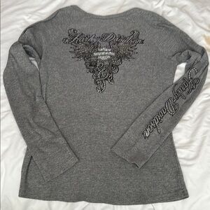 Harley-Davidson Gray Long Sleeve Tie Front Blouse